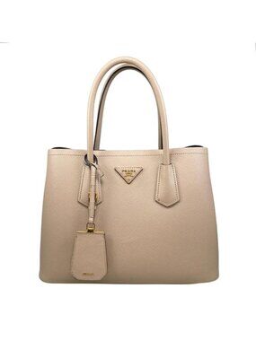 Prada Handbag Double Bag Saffiano Cuir Leather Triangle Logo Beige